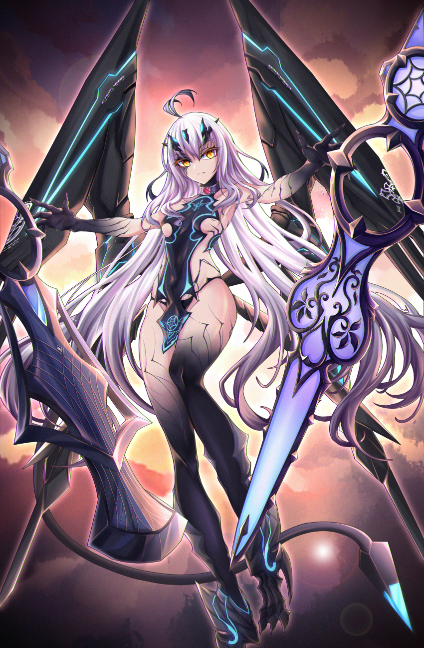 1girl absurdres ahoge body_markings breasts melusine_(fate) melusine_(third_ascension)_(fate) fate/grand_order fate_(series) highres long_hair looking_at_viewer medium_breasts miying_(13975192760) revealing_clothes solo very_long_hair weapon white_hair wings yellow_eyes