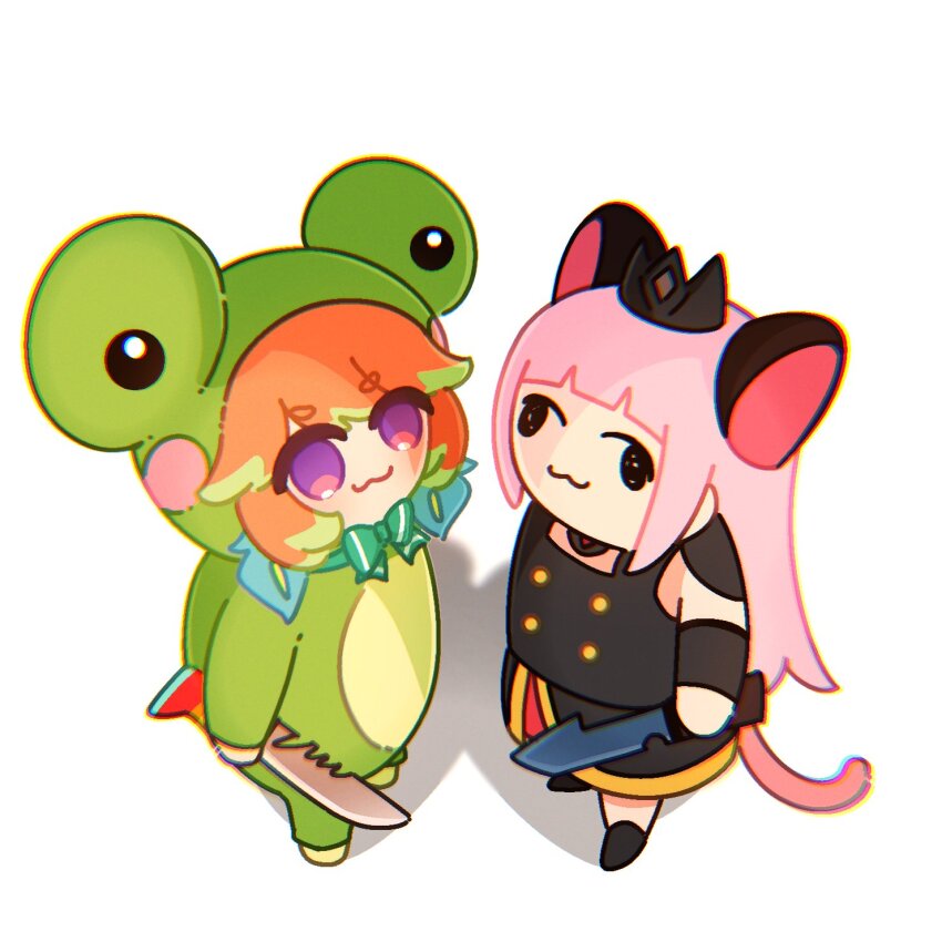 2girls :3 animal_costume animal_ears animal_hood black_dress black_tiara chibi dress earrings feather_earrings feathers frog frog_costume frog_hood frogiwawa hair_ornament highres holding holding_knife holding_weapon hololive hololive_english hood hyurisaki jewelry knife long_hair looking_at_viewer mori_calliope multicolored_hair multiple_girls onesie orange_hair pink_hair purple_eyes reverse_grip simple_background smile smol_calli standing takanashi_kiara tiara virtual_youtuber walfie_(style) weapon weird_cat_(mori_calliope)