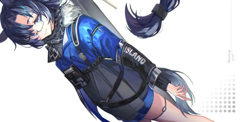 1girl animal_ears arknights asu_oki black_neckwear blue_eyes blue_hair blue_jacket character_name closed_mouth dutch_angle fang_(arknights) fang_(cruciata)_(arknights) forehead glasses horse_girl jacket long_hair long_sleeves looking_at_viewer official_alternate_costume scarf simple_background smile solo tail white_background wolf_ears wolf_girl wolf_tail