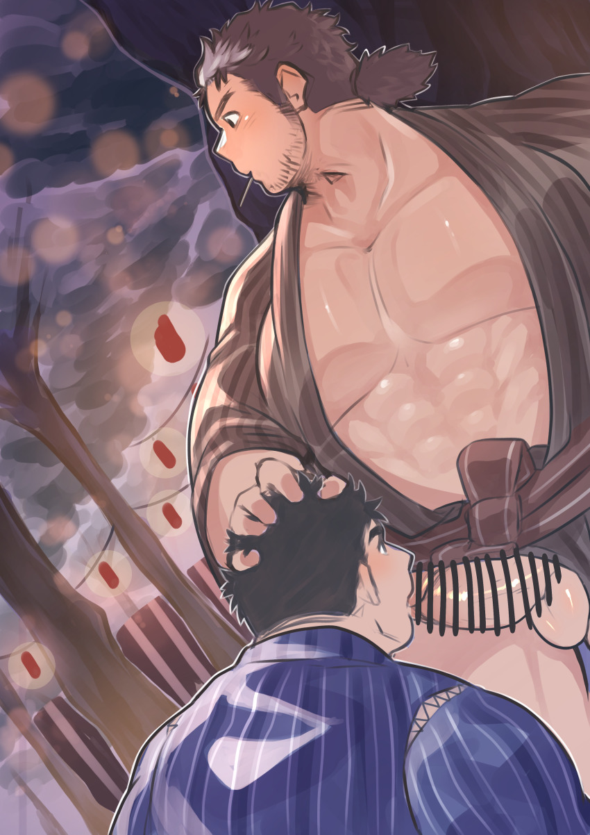 2boys abs absurdres bar_censor bara bare_pectorals brown_hair censored cigarette clothing_aside commentary cowboy_shot dutch_angle erection facial_hair fellatio hand_on_another&#039;s_head hiding highres japanese_clothes kimono large_pectorals male_focus mature_male mononobe_kyoma multiple_boys muscular muscular_male navel navel_hair no_male_underwear open_clothes open_kimono oral osu_(osumankokuou) pectorals penis protagonist_3_(housamo) public_indecency short_hair standing stealth_fellatio stealth_sex stomach stubble summer_festival sweat thick_eyebrows tokyo_houkago_summoners white_hair yaoi