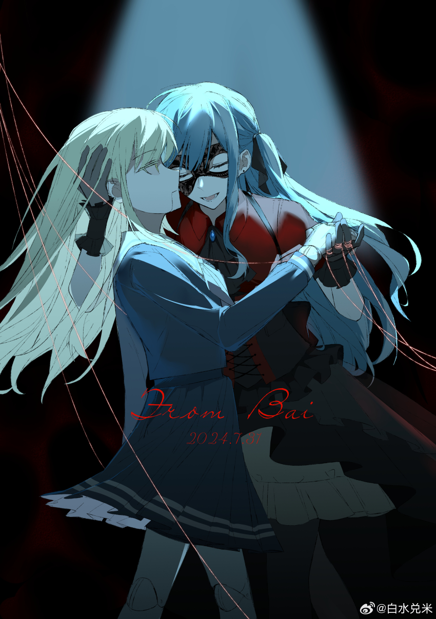 2girls absurdres ascot baiyubyy bang_dream! bang_dream!_it&#039;s_mygo!!!!! black_ascot black_corset black_gloves black_mask black_pantyhose black_ribbon black_skirt blue_hair blue_shirt blue_skirt braid chinese_commentary commentary_request corset doll_joints earrings gloves green_hair grey_neckerchief hair_ribbon highres jewelry joints long_hair mask masquerade_mask multiple_girls neckerchief pantyhose pleated_skirt red_shirt ribbon school_uniform shirt sidelocks skirt togawa_sakiko tsukinomori_school_uniform wakaba_mutsumi weibo_watermark yuri