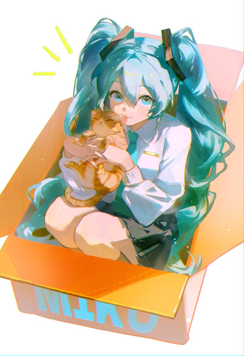 1girl 1other animal aqua_eyes aqua_hair black_skirt black_thighhighs box cardboard_box cat chromatic_aberration closed_mouth collared_shirt english_text hair_ornament hatsune_miku highres holding holding_animal holding_cat knees_up long_hair long_sleeves looking_at_viewer looking_up necktie orange_cat pleated_skirt requiem_(requiem_art) shirt sitting skirt smile thighhighs twintails vocaloid white_background white_shirt