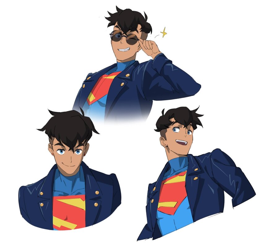 1boy alaylays black_hair blue_eyes commentary cropped_torso dc_comics earrings english_commentary grin highres jacket jewelry kon-el leather leather_jacket male_focus my_adventures_with_superman official_art one_eye_closed open_mouth smile stud_earrings sunglasses superboy superman_(series) superman_logo undercut upper_body white_background