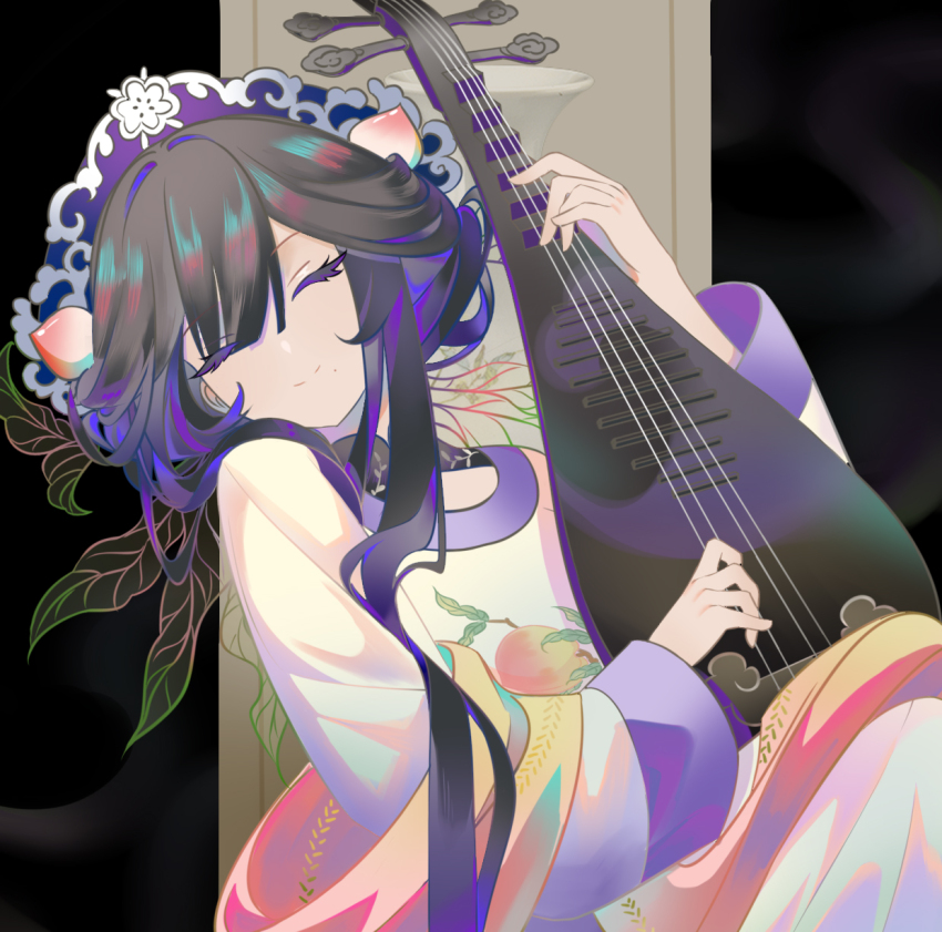 1girl black_background black_hair chinese_clothes closed_eyes closed_mouth dress food-themed_hair_ornament futao_ping_(wuhua_mixin) hair_ornament highres holding holding_instrument hualin1 instrument long_hair long_sleeves mole mole_under_mouth music peach_hair_ornament peach_print pipa_(instrument) playing_instrument shawl smile solo wuhua_mixin