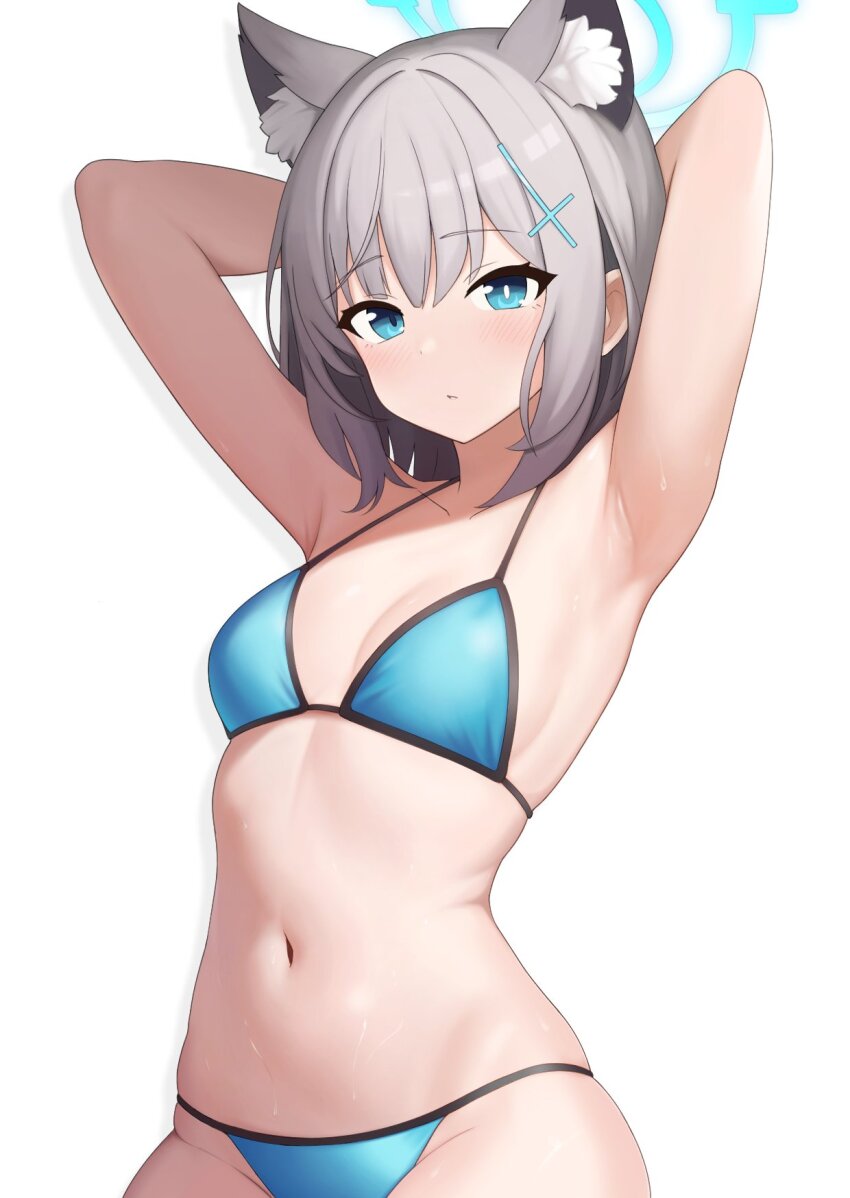 1girl animal_ear_fluff animal_ears armpits arms_behind_head bikini blue_archive blue_bikini blue_eyes breasts closed_mouth commentary cowboy_shot cross_hair_ornament grey_hair hair_ornament halo highres looking_at_viewer mikoscrub mismatched_pupils navel shiroko_(blue_archive) simple_background small_breasts solo stomach swimsuit symbol-only_commentary white_background wolf_ears