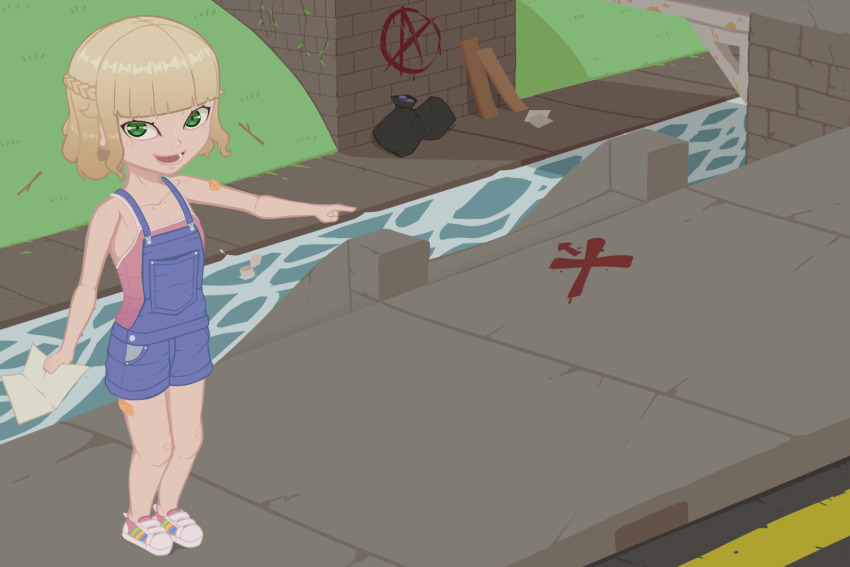 1girl bandaid bandaid_on_arm bandaid_on_leg bare_legs blonde_hair blunt_bangs braid child crown_braid green_eyes holding huntamann looking_at_viewer open_mouth original outdoors overall_shorts overalls pink_shirt pointing shirt short_hair sleeveless sleeveless_shirt standing