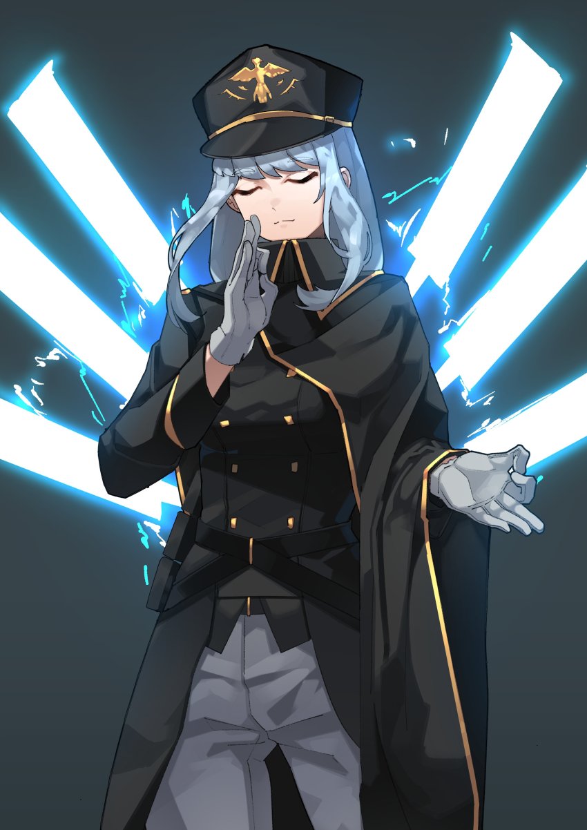 1girl absurdres belt black_cape black_hat blue_hair borrowed_character cape closed_eyes closed_mouth concentrating floating floating_object floating_sword floating_weapon gloves glowing glowing_sword glowing_weapon grey_background grey_gloves h.pn hat highres light_blue_hair long_hair long_sleeves original solo sword uniform weapon wide_sleeves