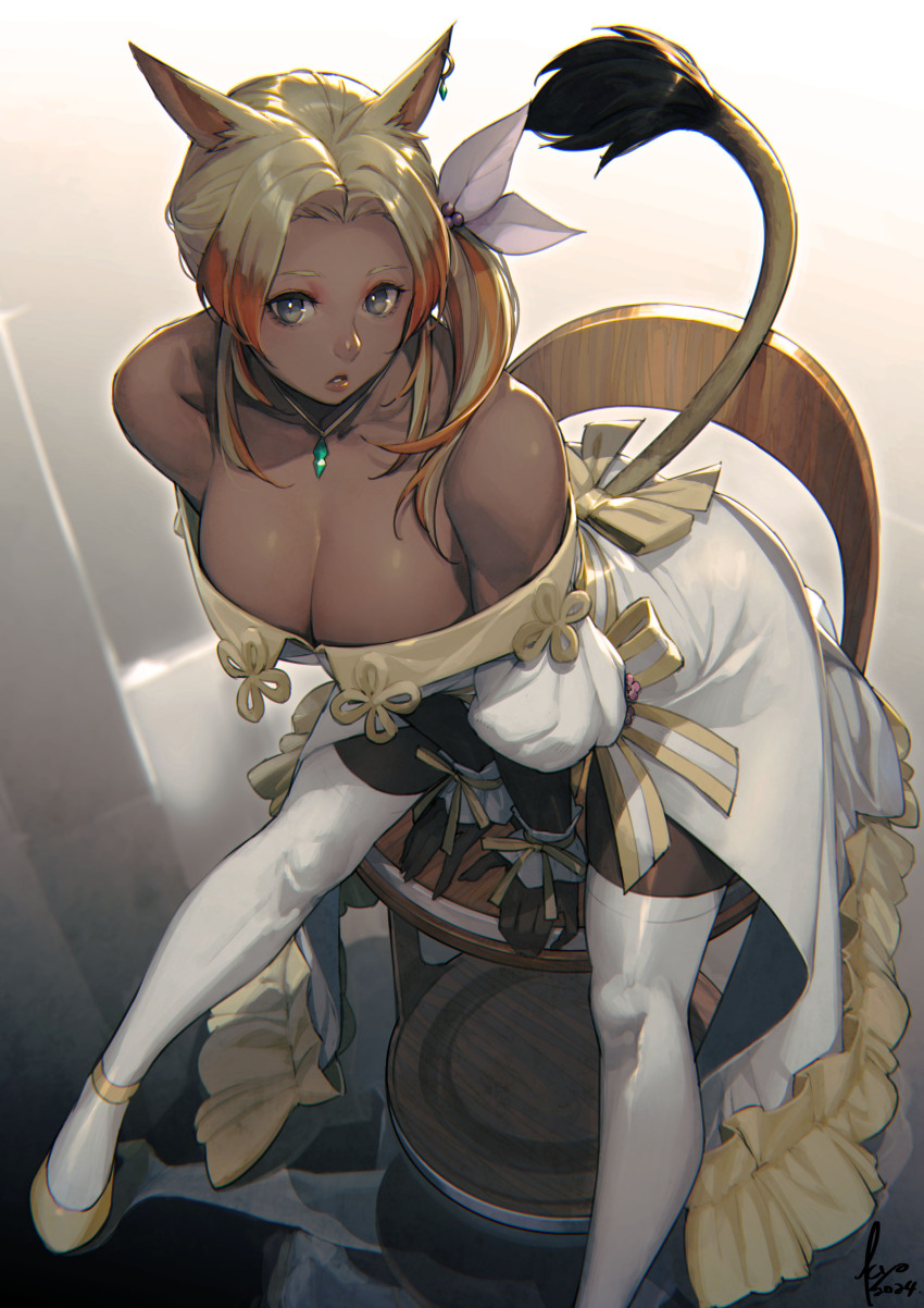 1girl absurdres animal_ears arm_support back_bow bare_shoulders blonde_hair bow breasts cat_ears cat_tail cleavage clothing_cutout dark-skinned_female dark_skin dress final_fantasy final_fantasy_xiv foot_out_of_frame grey_eyes highres jewelry kyo_(kuroichigo) large_breasts leaning_forward lion_tail lips long_hair miqo&#039;te multicolored_hair off-shoulder_dress off_shoulder orange_hair outstretched_arms outstretched_legs parted_lips pendant puffy_sleeves reflective_floor shoes side_ponytail signature sitting solo tail tail_through_clothes thighhighs two-tone_hair warrior_of_light_(ff14) white_thighhighs wrist_cuffs zettai_ryouiki