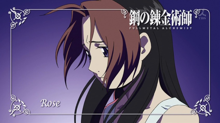 00s 1girl anime_screenshot blue_eyes brown_hair eyecatch female_focus fullmetal_alchemist grey_eyes multicolored_hair official_art rose_thomas rose_tomas simple_background solo two-tone_hair wind