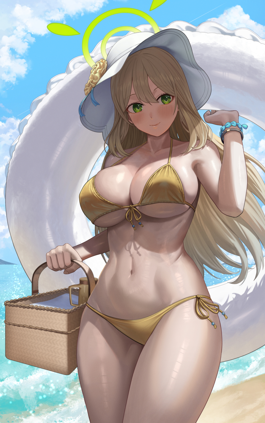 1girl basket beach bikini blue_archive blue_sky bracelet breasts closed_mouth cloud front-tie_top green_eyes green_halo halo hat highres holding holding_basket holding_swim_ring innertube jewelry large_breasts light_brown_hair long_hair looking_at_viewer navel nonomi_(blue_archive) nonomi_(swimsuit)_(blue_archive) ocean official_alternate_costume outdoors sand side-tie_bikini_bottom sideboob silvertsuki sky smile solo sun_hat swim_ring swimsuit thighs underboob water yellow_bikini