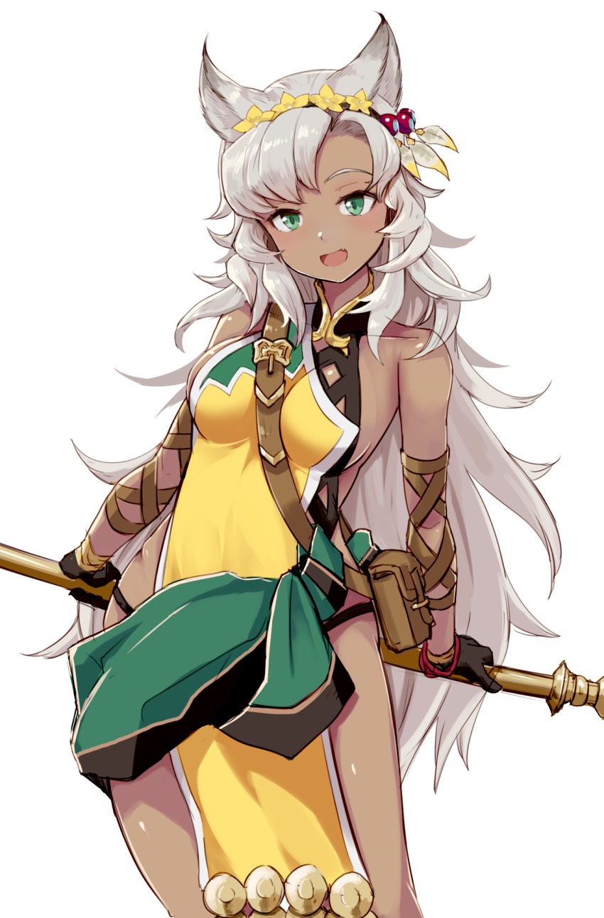 1girl :d animal_ears bare_shoulders belt black_gloves blush breasts brown_hair cat_ears commentary_request dark-skinned_female dark_skin erune fang feather_hair_ornament feathers female_focus flower gloves granblue_fantasy green_eyes hair_flower hair_ornament highres long_hair looking_at_viewer medium_breasts nemone nosuku open_mouth pouch sideboob simple_background smile solo standing white_background