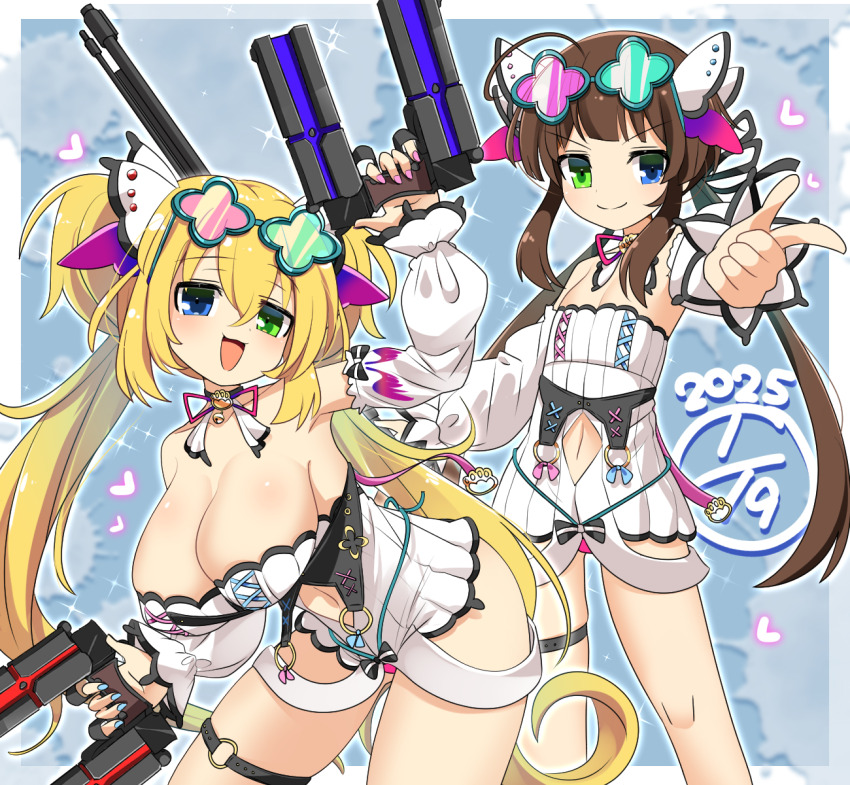 2girls black_choker blonde_hair blue_eyes blue_nails blush breasts brooch brown_hair choker cleavage closed_mouth clothing_cutout commentary_request cowboy_shot dated detached_sleeves dress dual_wielding eyewear_on_head finger_gun fingernails flat_chest green_eyes gun heart heterochromatic_eyewear heterochromia highres holding holding_gun holding_weapon jewelry large_breasts lets0020 long_hair looking_at_viewer low_twintails multiple_girls navel navel_cutout neck_ribbon o-ring o-ring_thigh_strap open_mouth pink_nails pink_ribbon ribbon ryoubi_(senran_kagura) ryouna_(senran_kagura) senran_kagura senran_kagura_estival_versus shirt short_dress siblings sidelocks sisters smile standing strapless strapless_dress thigh_strap tinted_eyewear twintails very_long_hair weapon white_dress white_shirt white_sleeves