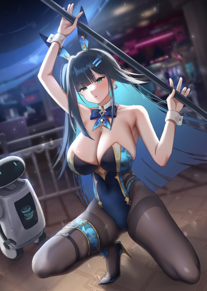 1girl abigail_(black_survival) abigail_(poker_face)_(black_survival) absurdres animal_ears bare_shoulders black_footwear black_hair black_pantyhose black_survival blue_bow blue_bowtie blue_hair blue_leotard blue_nails blurry blurry_background blush bow bowtie breasts cleavage colored_inner_hair commentary covered_navel cutout_above_navel detached_collar dice_earrings eternal_return:_black_survival fake_animal_ears fingernails floating_hair green_eyes high_heels highleg highleg_leotard highres holding holding_polearm holding_weapon indoors large_breasts leotard long_fingernails long_hair looking_at_viewer multicolored_hair nail_polish non-humanoid_robot on_one_knee pantyhose parted_lips pingpangpongpang playboy_bunny pole polearm pumps rabbit_ears robot solo strapless strapless_leotard symbol-only_commentary thighband_pantyhose two-tone_hair very_long_hair weapon white_wrist_cuffs wrist_cuffs