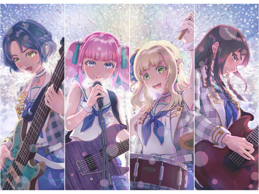 4girls ai_(girls_band_cry) bass_guitar belt black_hair blonde_hair blue_eyes blue_hair blue_neckerchief blue_ribbon blue_skirt blush bracelet braid brown_eyes choker clenched_teeth column_lineup diamond_dust_(girls_band_cry) drumsticks earrings electric_guitar girls_band_cry green_eyes grey_jacket guitar hair_ribbon half_up_braid highres hina_(girls_band_cry) holding holding_drumsticks instrument jacket jewelry layered_skirt long_sleeves m0c0pi medium_hair midriff_peek multiple_girls nana_(girls_band_cry) neckerchief one_side_up open_clothes open_jacket open_mouth pink_hair plaid_clothes plaid_jacket playing_drum playing_guitar ribbon rin_(girls_band_cry) sailor_collar shirt short_hair short_twintails side_braids sidelocks skirt sleeveless sleeveless_shirt smile teeth twintails upper_teeth_only white_belt white_choker white_sailor_collar white_shirt yellow_eyes