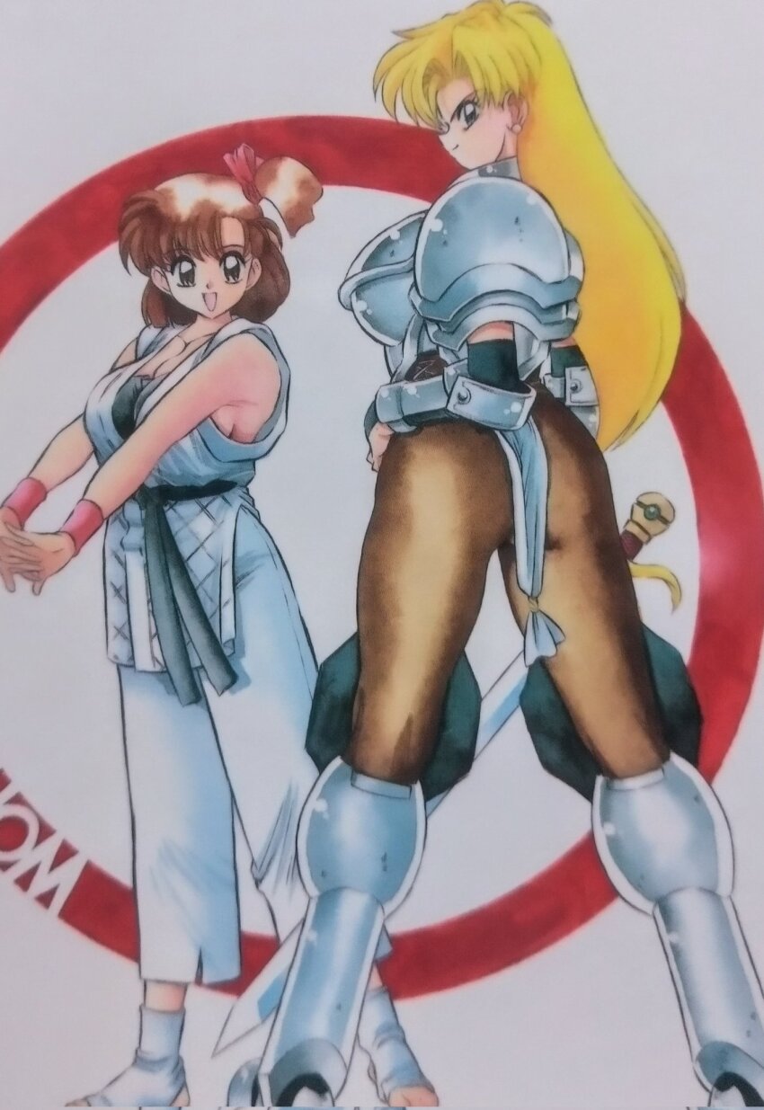 1990s_(style) 2girls armor ass blonde_hair blue_eyes breasts brown_eyes cleavage feet hand_on_own_hip highres huge_ass izumo_ryoko janne_d&#039;arc japanese_clothes large_breasts legs long_hair looking_at_viewer looking_back medium_hair multiple_girls open_mouth own_hands_together pants pantyhose retro_artstyle seductive_gaze sideboob smile snk sword thighs tongue traditional_media weapon world_heroes