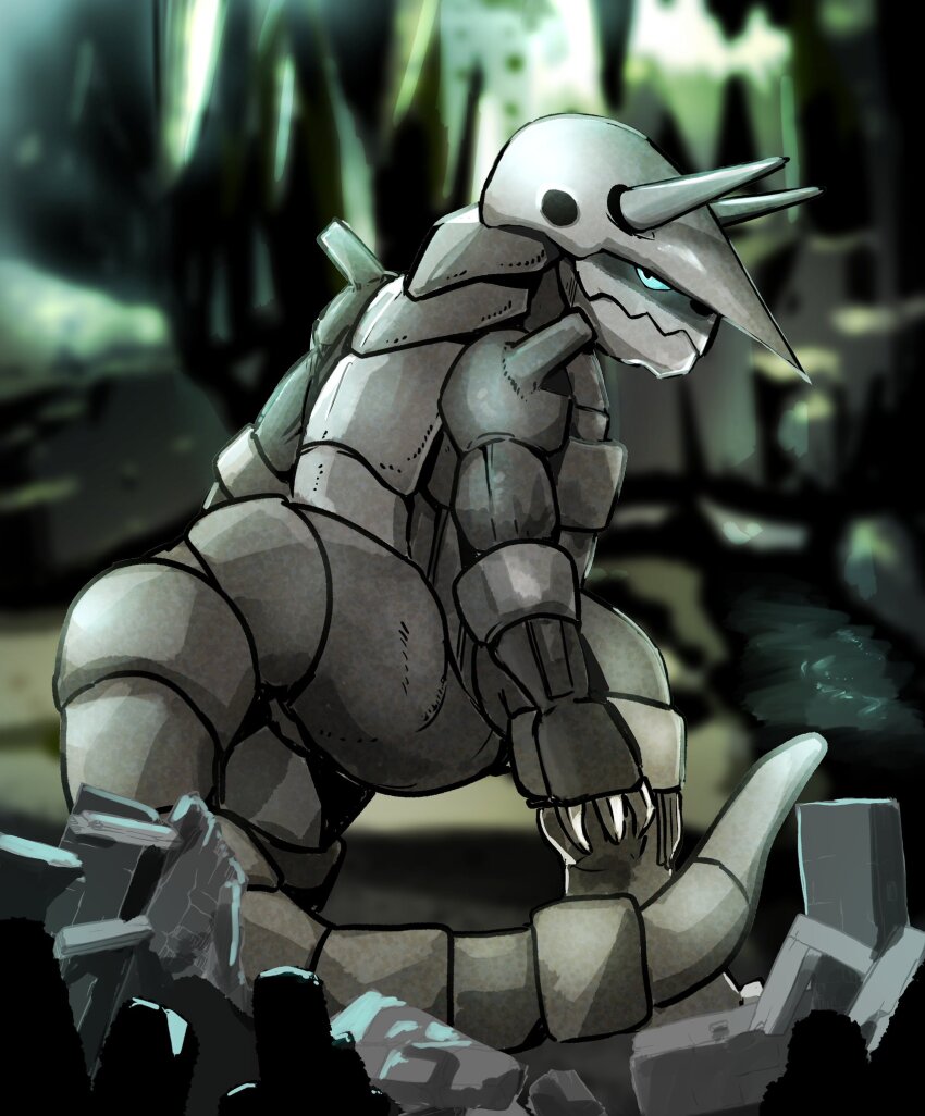 aggron armor blue_eyes cave cave_interior creatures_(company) dai_roku_ten_mao dappled_sunlight facing_to_the_side fake_horns game_freak gen_3_pokemon helmet highres horned_helmet horns looking_to_the_side mechanical_arms mechanical_legs neck_armor nintendo outdoors pokemon pokemon_(creature) robot rock rubble shoulder_armor sigil stalagmite stream sunlight tail_armor