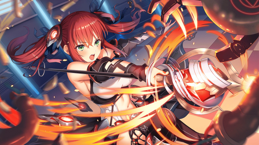 1girl akai_asaka breasts burning clothing_cutout deep_one_kyomu_to_mugen_no_fragment detached_sleeves embers fire flaming_sword flaming_weapon floating_hair green_eyes holding holding_staff holding_weapon horns long_hair looking_at_viewer natsuhiko navel non-web_source open_mouth red_hair sidelocks skirt solo sparks staff stomach_cutout suspender_skirt suspenders sword twintails v-shaped_eyebrows very_long_hair weapon