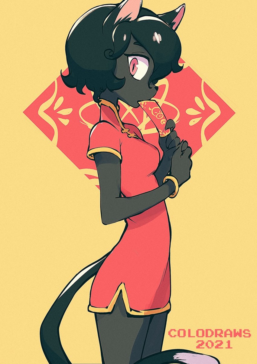 1girl 2021 animal_ears artist_name black_cat_(colo) black_hair bracelet cat_ears cat_girl cat_tail china_dress chinese_clothes colo_(nagrolaz) dress female_focus from_side furry furry_female highres jewelry original pink_eyes profile red_dress short_hair sideways_glance solo tail yellow_background