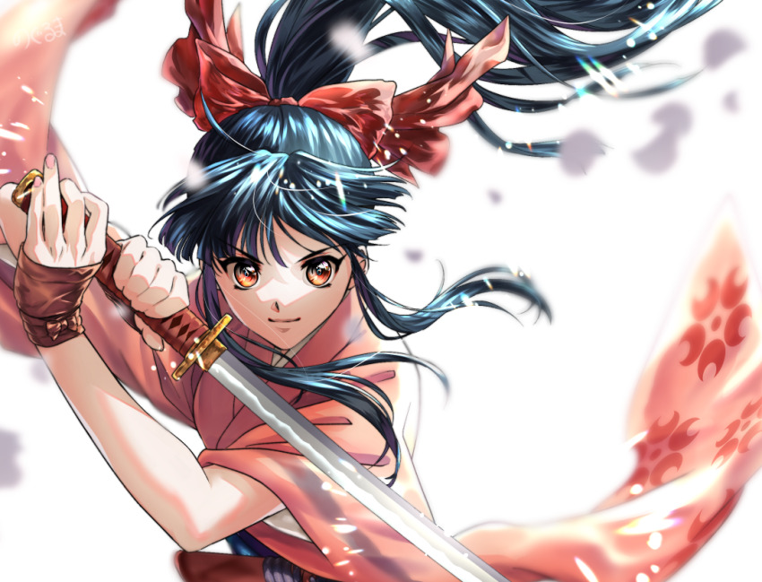 1girl blue_hair bow breasts brown_eyes cherry_blossoms fighting_stance fingerless_gloves gloves hair_ribbon japanese_clothes long_hair medium_breasts ponytail red_bow ribbon sakura_taisen sega shinguuji_sakura smile solo sword weapon