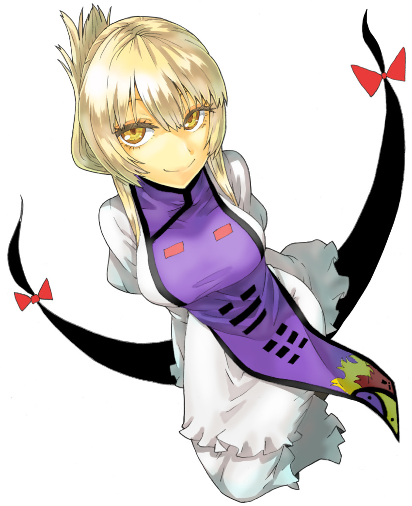 1girl alternate_eye_color alternate_hairstyle arms_behind_back bad_id bad_pixiv_id blonde_hair breasts brown_eyes dress flame_print frilled_dress frilled_sleeves frills full_body gap_(touhou) hair_between_eyes hair_up half-closed_eyes highres hip_focus ke-su long_sleeves looking_at_viewer medium_breasts platinum_blonde_hair puffy_long_sleeves puffy_sleeves seductive_smile short_hair short_hair_with_long_locks simple_background smile solo tabard touhou white_background white_dress yakumo_yukari