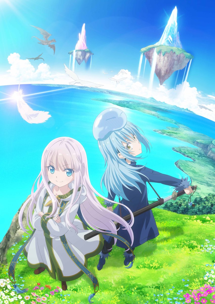 absurdres bird blue_eyes blue_hair cloud crossed_arms crossover dragon dress fantasy feathers floating_island flower grass highres horizon katana kenja_no_deshi_wo_nanoru_kenja lens_flare long_hair looking_at_viewer looking_back mira_(kendeshi) ocean official_art rimuru_tempest sky slime_(creature) sword tensei_shitara_slime_datta_ken trait_connection very_long_hair water waterfall weapon white_dress yellow_eyes