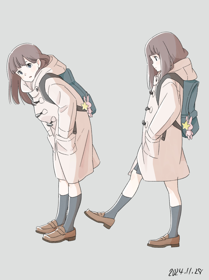 1girl backpack bag bag_charm blunt_bangs brown_coat brown_footwear brown_hair charm_(object) coat dated grey_background hands_in_pockets highres hood hood_down long_hair looking_at_viewer morison multiple_views original shoes simple_background socks standing striped_background