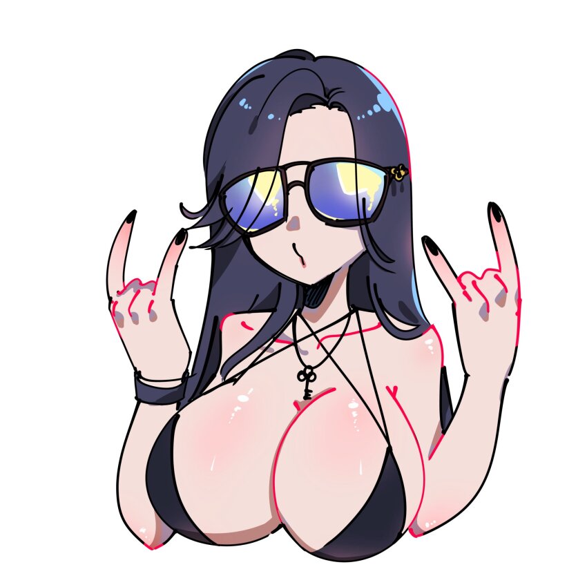 1girl bare_shoulders bibie307 bikini black_bikini black_hair black_nails breasts cleavage collarbone goddess_of_victory:_nikke highres large_breasts long_hair m/ maiden_(nikke) maiden_(under_the_sun)_(nikke) nail_polish parted_bangs solo sunglasses swimsuit