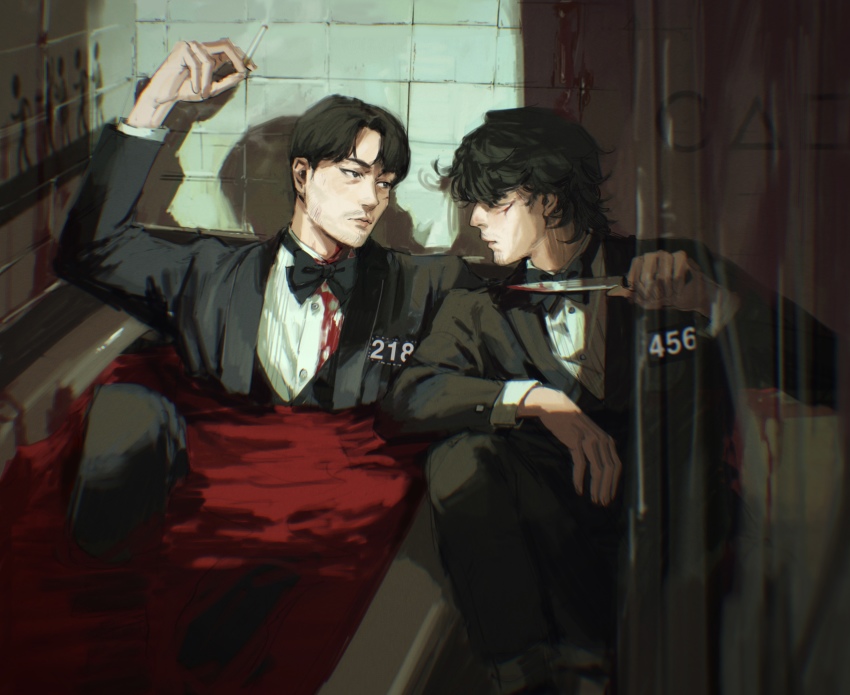 2boys absurdres bathtub black_hair blood bow bowtie cho_sang-woo cigarette ctstudio_(executional) formal highres holding holding_cigarette holding_knife knife looking_at_another multiple_boys seong_gi-hun smoking squid_game suit traditional_bowtie