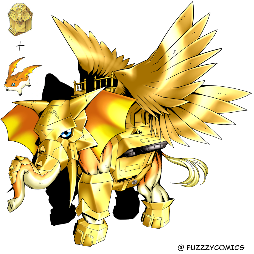 armor blue_eyes digimental digimental_of_miracles digimon digimon_(creature) elephamon elephant fuzzzycomics gold_armor highres looking_at_viewer oridigi original patamon twitter_username wings