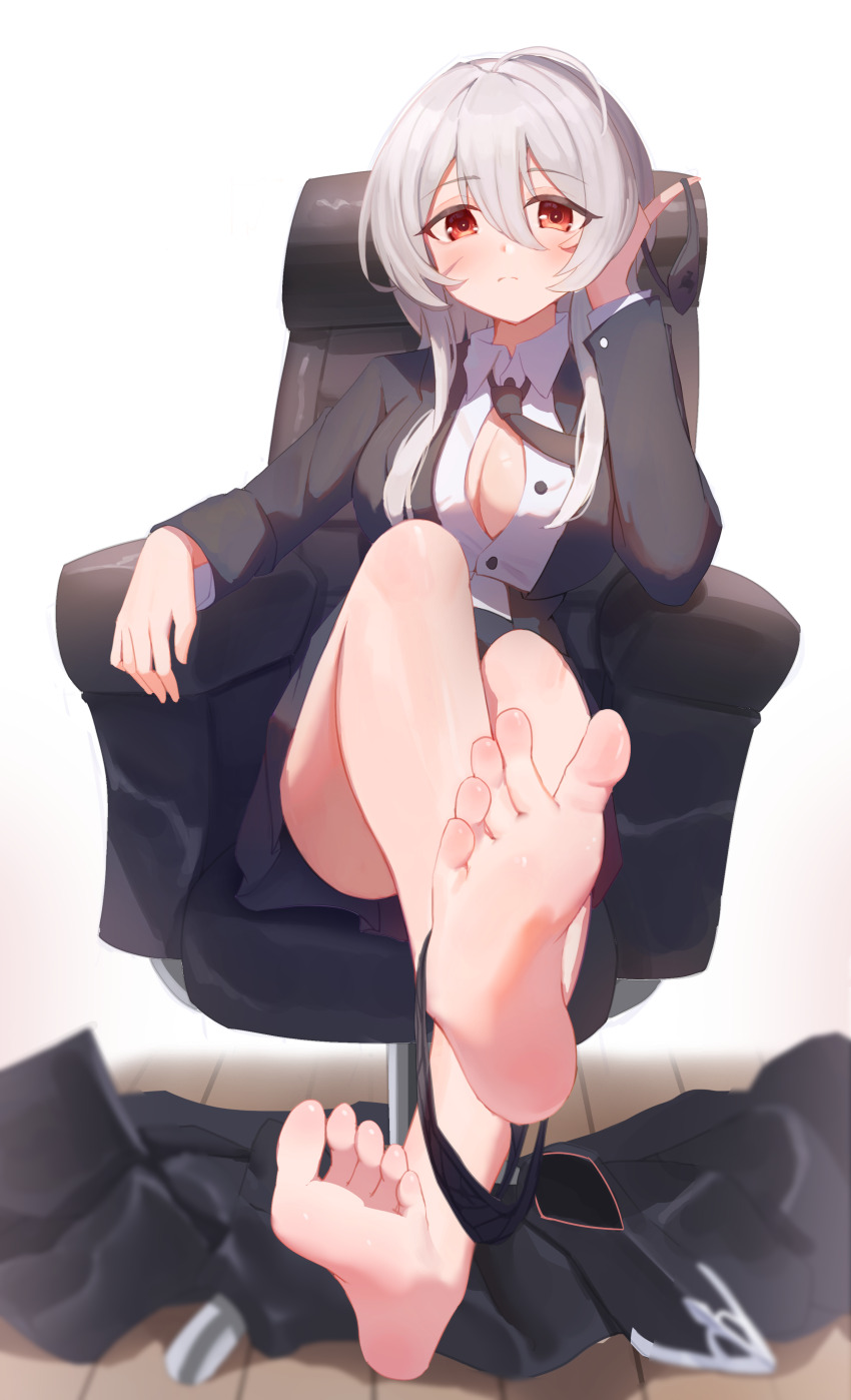 1girl absurdres barefoot chair feet highres light_blush long_hair looking_at_viewer open_clothes open_shirt red_eyes sitting soles taichi_suzuki toes white_hair