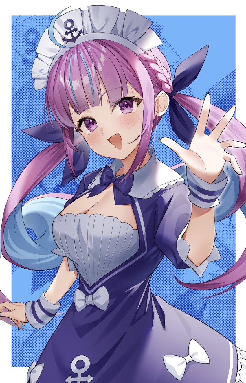 1girl blue_background blue_dress border breasts cleavage cleavage_cutout clothing_cutout cowboy_shot dress highres hololive looking_at_viewer low_twintails maid_headdress medium_breasts minato_aqua minato_aqua_(1st_costume) open_mouth purple_eyes purple_hair solo twintails virtual_youtuber waving white_border yoshidadon zoom_layer