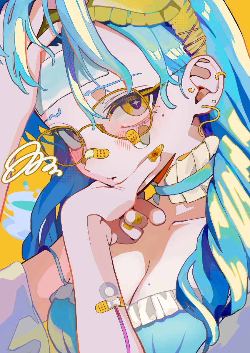 1girl bandaid bandaid_on_arm bandaid_on_face bandaid_on_nose blue_hair breasts choker cleavage collarbone ear_piercing earrings frilled_choker frills glasses hand_on_own_chin hand_on_own_head heart highres jewelry long_hair looking_at_viewer medium_breasts original piercing pill sion001250 solo star_(symbol) star_in_eye symbol_in_eye upper_body yellow_background yellow_eyes yellow_nails