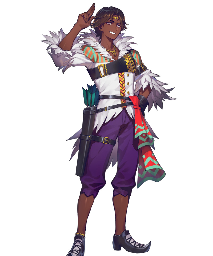 1boy brown_eyes brown_hair dark-skinned_male dark_skin fire_emblem fire_emblem_engage fire_emblem_heroes fogado_(fire_emblem) grin highres jewelry looking_at_viewer necklace nintendo non-web_source pants purple_pants quiver salute smile solo star-shaped_pupils star_(symbol) symbol-shaped_pupils tachi-e teeth two-finger_salute