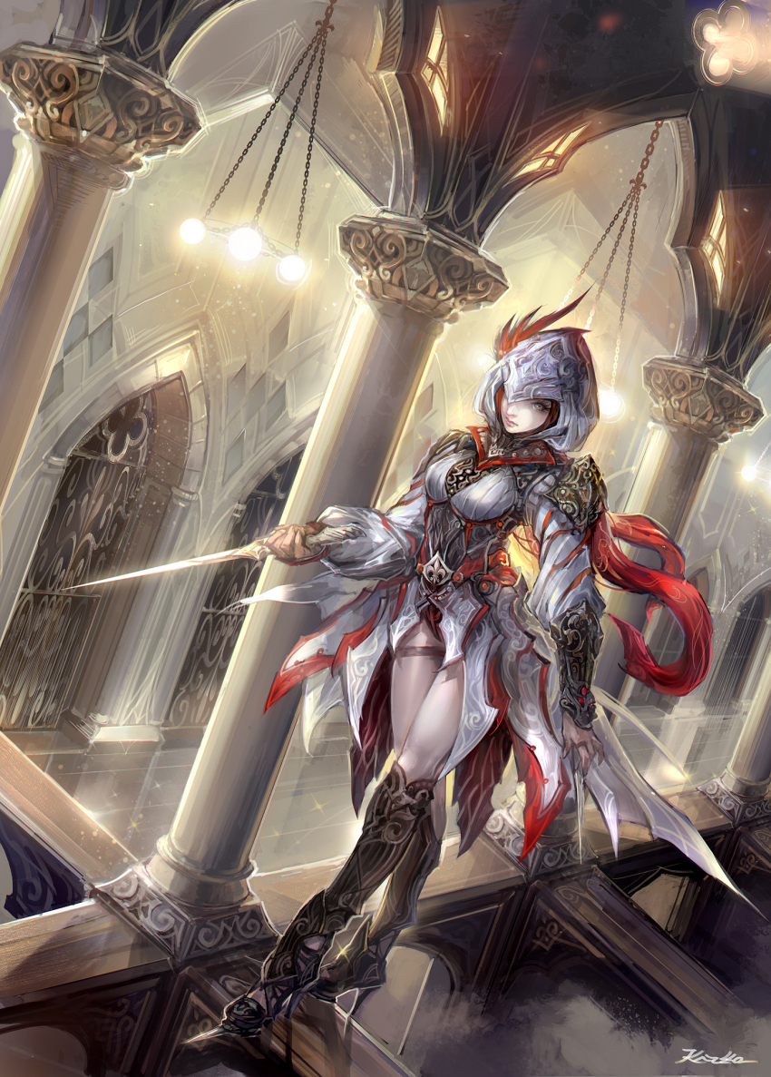 1girl armor assassin assassin&#039;s_creed assassin&#039;s_creed_(series) concealed_weapon dagger female_focus grey_eyes hidden_blade_(assassin&#039;s_creed) highres hood kazeco knife original red_hair solo thighhighs weapon