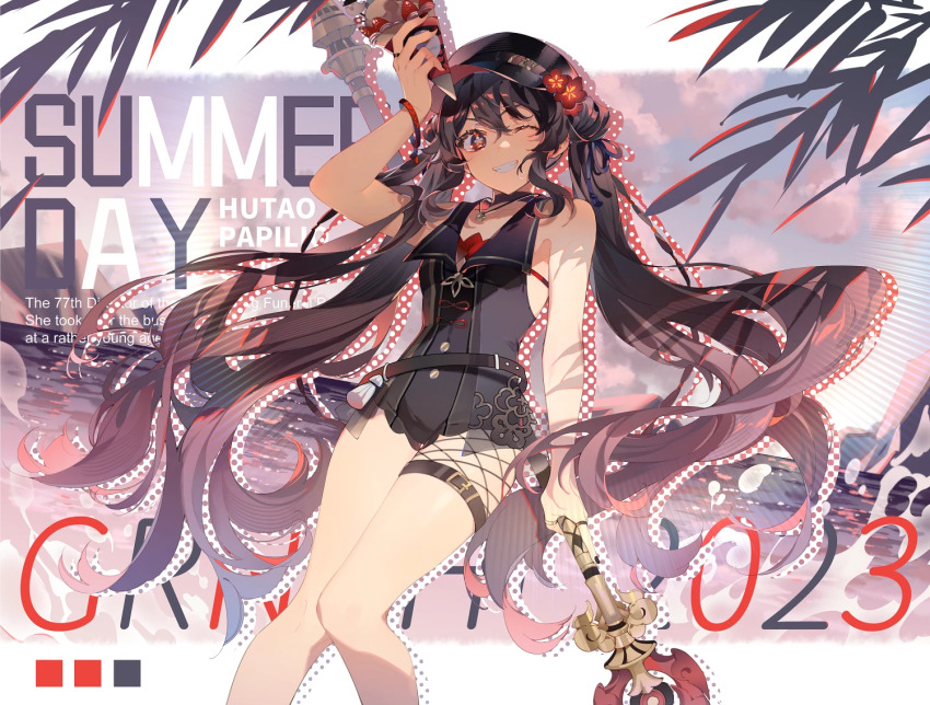 1girl 2023 ;d alternate_costume arm_up bare_shoulders belt black_collar black_hat black_nails black_one-piece_swimsuit bracelet brown_hair cabbie_hat collar collared_one-piece_swimsuit english_text feet_out_of_frame flower-shaped_pupils food genshin_impact grin hat holding holding_food holding_ice_cream hu_tao_(genshin_impact) ice_cream jewelry knees_together_feet_apart long_hair looking_at_viewer one-piece_swimsuit one_eye_closed open_mouth pendant red_eyes ring smile solo staff_of_homa_(genshin_impact) swimsuit symbol-shaped_pupils thigh_strap twintails very_long_hair water zengzhi_zhixu