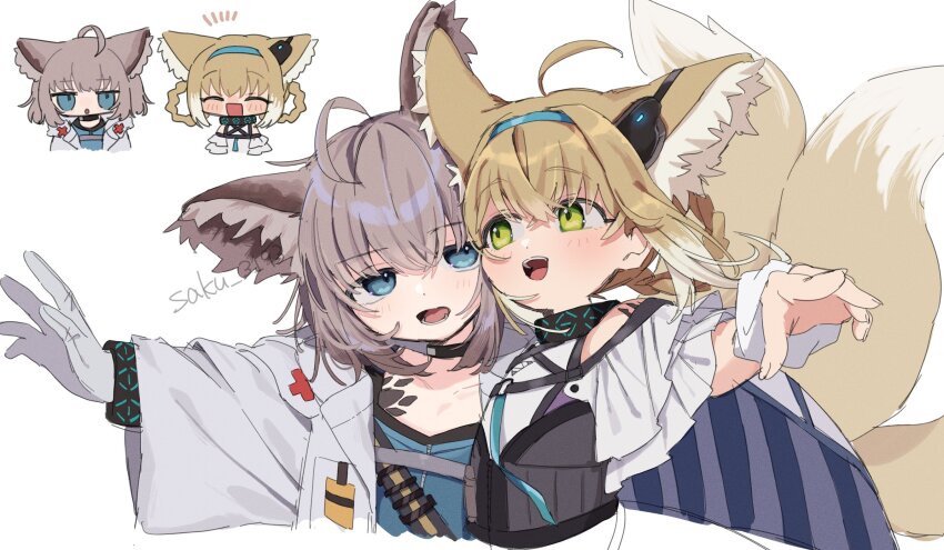 2girls ahoge animal_ears arknights blonde_hair blue_eyes blue_hairband braid braided_hair_rings commission earpiece extra_ears fox_ears fox_girl fox_tail gloves green_eyes grey_hair hair_rings hairband highres infection_monitor_(arknights) kitsune kyuubi material_growth multiple_girls multiple_tails oripathy_lesion_(arknights) saku_(saku_3193) short_hair simple_background skeb_commission sussurro_(arknights) suzuran_(arknights) tail twin_braids white_background white_gloves