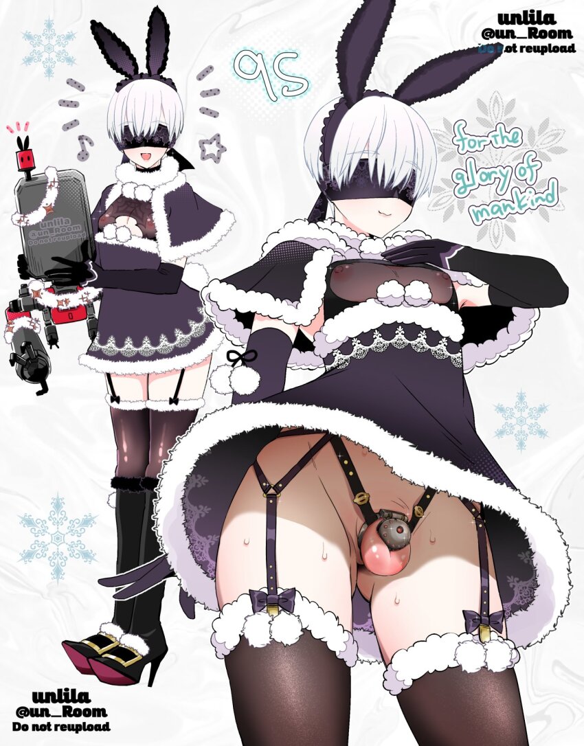 1boy 9s_(nier:automata) alternate_costume animal_ears artist_name black_blindfold black_footwear black_gloves black_thighhighs blindfold boots capelet character_name chastity_cage closed_mouth commentary cowboy_shot crossdressing dress elbow_gloves english_text fake_animal_ears full_body fur-trimmed_dress fur-trimmed_legwear fur_trim garter_straps gloves gluteal_fold grey_background hand_up high_heel_boots high_heels highres holding looking_at_viewer male_focus nagano_rira nier:automata nier_(series) open_mouth pod_(nier:automata) puffy_chest puffy_nipples purple_capelet purple_dress rabbit_ears short_dress small_penis sweatdrop testicles thighhighs thighs trap twitter_username