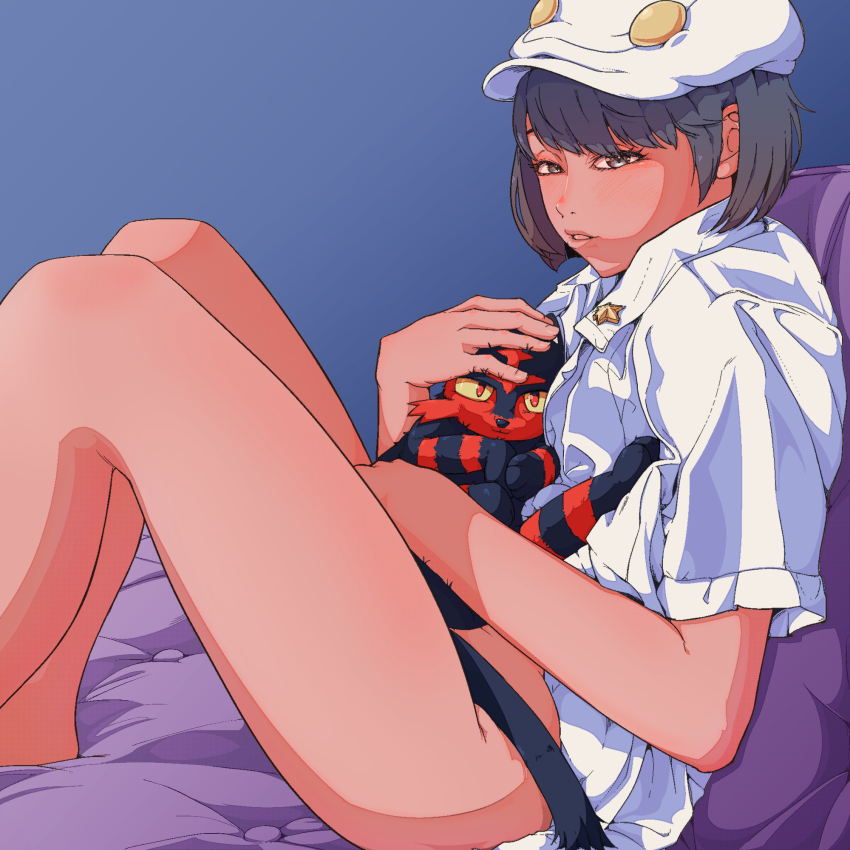 1girl 2049_(hh5566) aether_foundation_employee_(female) bare_legs barefoot beret black_eyes black_hair blush bob_cut bottomless creatures_(company) embarrassed eyelashes feet female_focus fingernails game_freak gloves hat holding holding_pokemon indoors jacket knees_up legs looking_at_viewer looking_to_the_side nintendo no_panties no_pants on_bed parted_lips pokemon pokemon_(creature) pokemon_sm short_sleeves sitting thighs unworn_gloves white_hat white_jacket