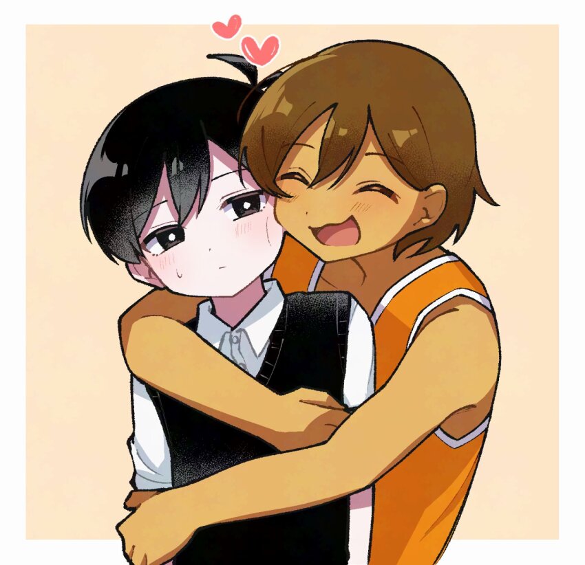 2boys antenna_hair arm_on_another&#039;s_shoulder black_eyes black_hair black_sweater_vest bright_pupils brown_hair closed_eyes closed_mouth collarbone collared_shirt dark-skinned_male dark_skin heart highres hug hug_from_behind kel_(faraway)_(omori) kel_(omori) kiimorisame looking_at_another male_focus multiple_boys omori shirt short_hair short_sleeves sunny_(omori) sweatdrop sweater_vest white_pupils white_shirt yaoi