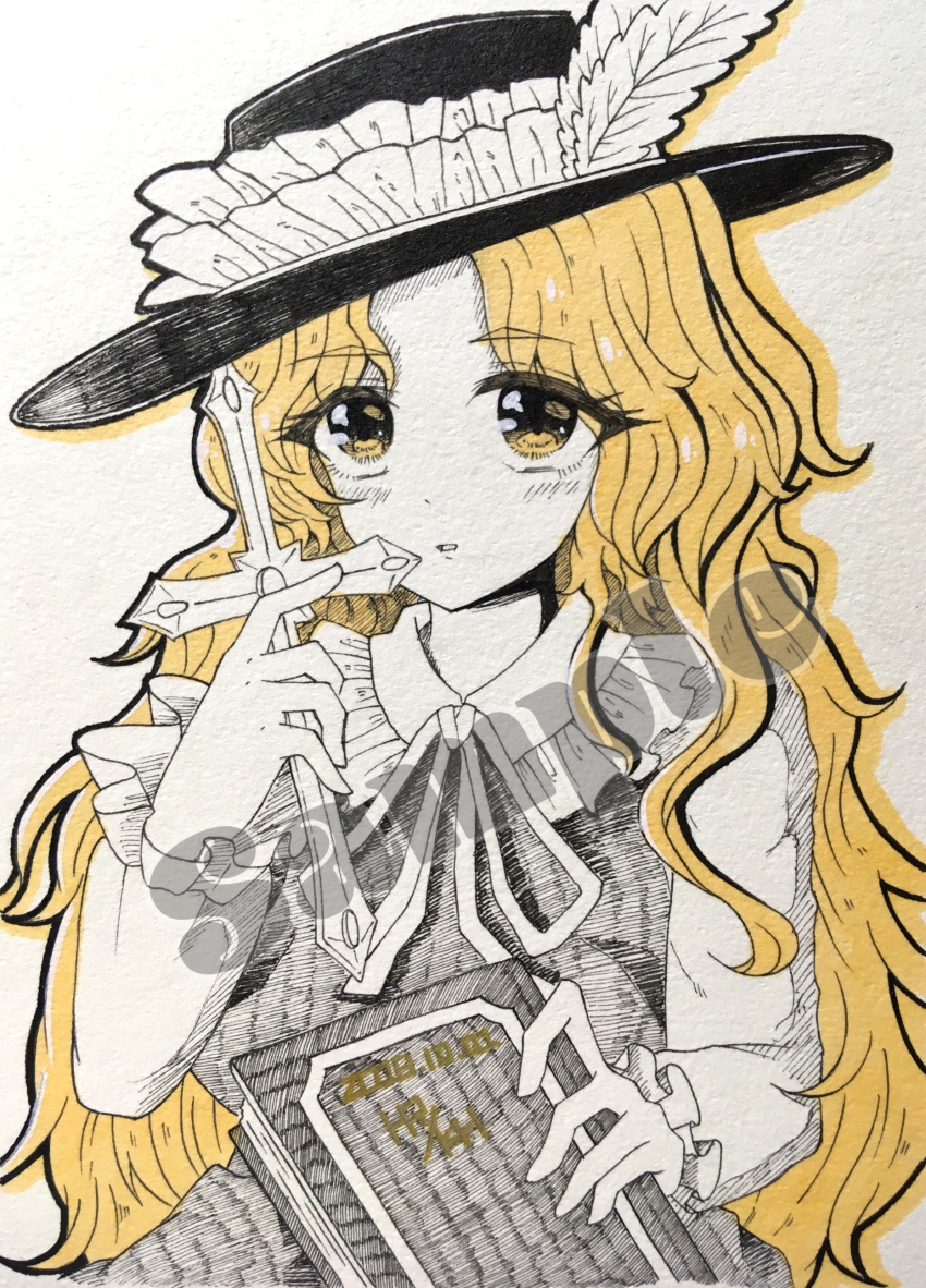 1girl absurdres black_hat black_skirt black_vest blonde_hair book commentary_request cross dolls_in_pseudo_paradise frilled_shirt_collar frills greyscale hat hat_feather highres holding holding_book holding_cross homara8524 jacket_girl_(dipp) limited_palette long_hair long_sleeves monochrome neck_ribbon parted_lips ribbon shirt skirt solo touhou traditional_media very_long_hair vest white_shirt yellow_eyes