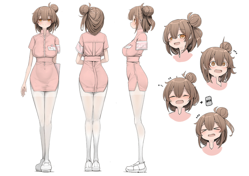 &gt;_&lt; 1girl :d @_@ alcohol armband beer breasts brown_hair reference_sheet dress drunk from_behind from_side full_body genek hair_between_eyes large_breasts looking_at_viewer medium_hair multiple_expressions multiple_views name_tag nurse open_mouth orange_eyes original pantyhose pink_dress pink_sash sash shoes short_dress short_sleeves side_slit simple_background smile sneakers turnaround variations white_background white_pantyhose white_sneakers