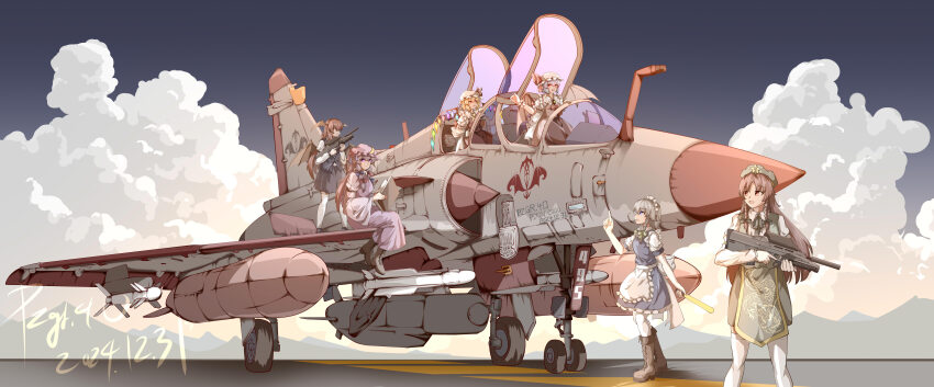 6+girls absurdres aircraft airplane apron bat_wings blonde_hair book cloud crystal crystal_wings day fighter_jet flandre_scarlet full_body grey_hair gun hat highres hong_meiling izayoi_sakuya jet koakuma long_hair maid maid_apron maid_headdress military military_vehicle mirage_2000 mob_cap multiple_girls outdoors patchouli_knowledge purple_hair pzgr.40 red_hair remilia_scarlet short_hair sky standing touhou weapon wings