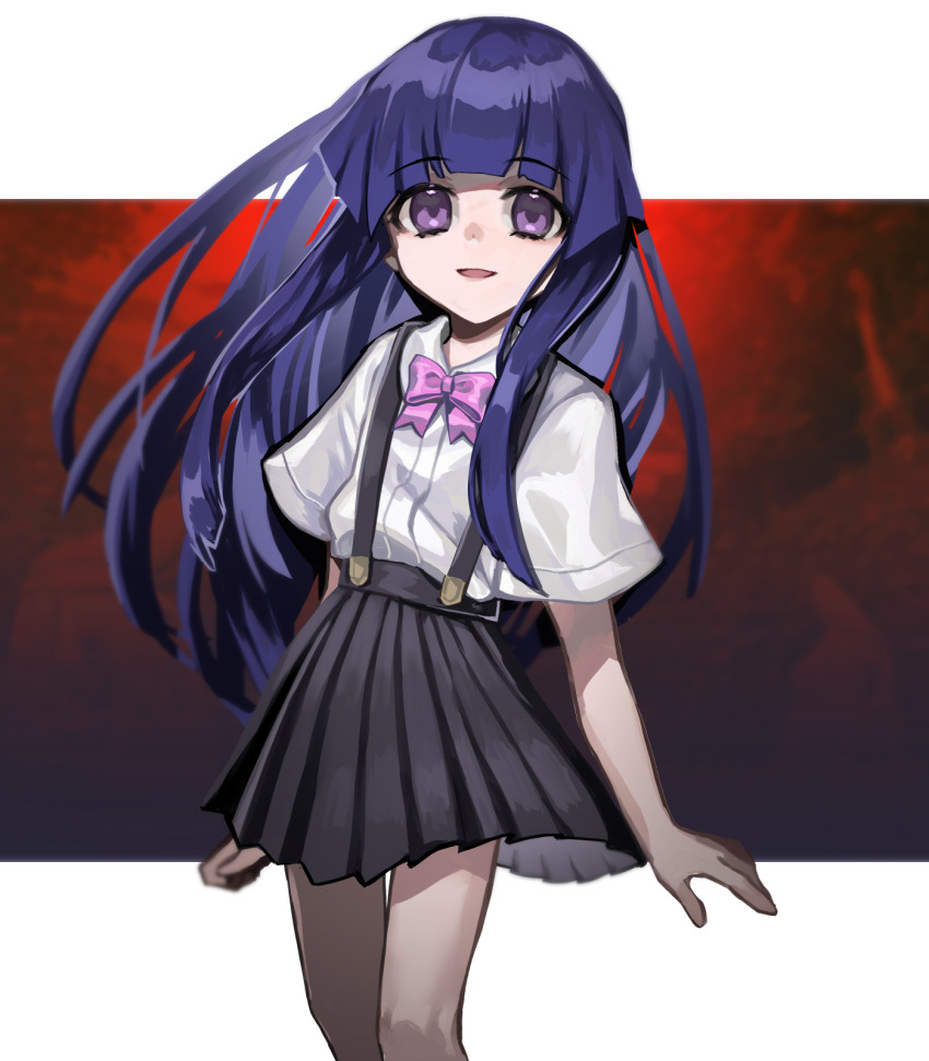 1girl blue_hair bow bowtie commentary_request furude_rika highres higurashi_no_naku_koro_ni hime_cut keiseki1 miniskirt pink_bow pink_bowtie pleated_skirt purple_eyes skirt solo suspender_skirt suspenders