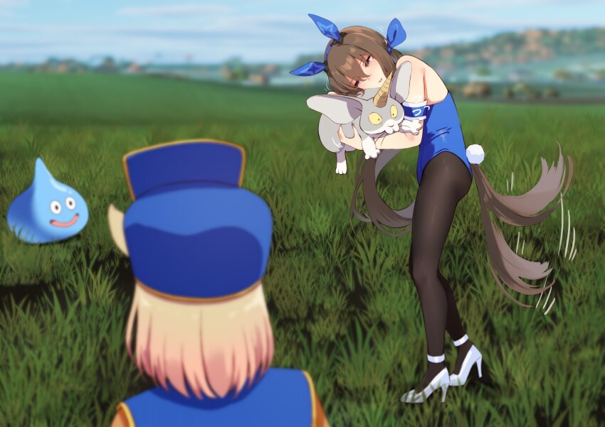 2girls absurdres admire_vega_(umamusume) alternate_costume blurry blurry_background brown_hair cosplay dragon_quest full_body grass hair_ornament highres hug leotard monster motsunabe_(mo2nap3) multiple_girls narita_top_road_(umamusume) playboy_bunny rabbit slime_(creature) standing tail tail_wagging umamusume