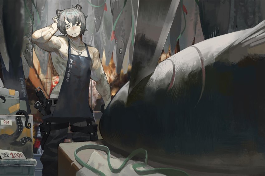 1boy ahoge animal_ears apron arknights bags_under_eyes bear_boy bear_ears cowboy_shot fish grey_hair highres jaye_(arknights) jewelry knife male_focus naked_apron necklace octopus qingpu_liang ring ring_necklace scar scar_on_arm scratching_head short_hair solo topless_male tuna