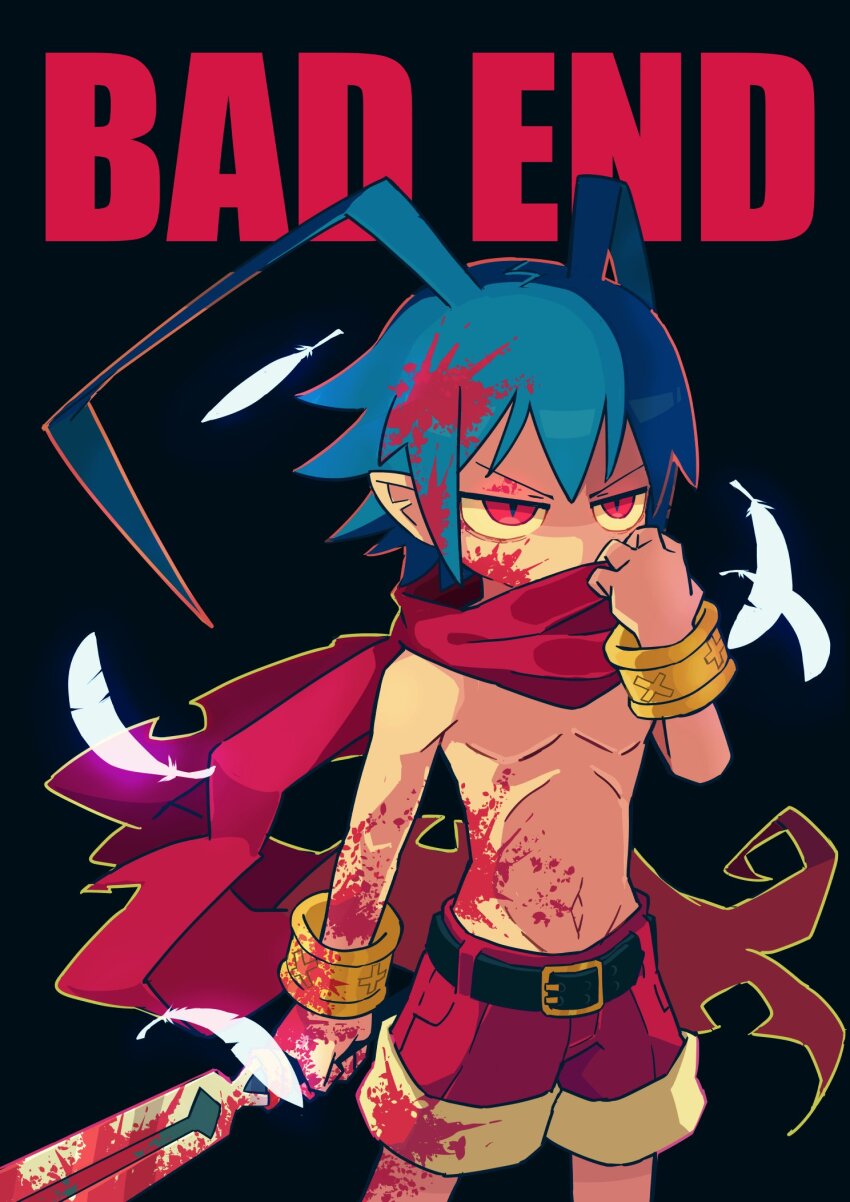 1boy antenna_hair bad_end belt black_background blood blood_in_hair blood_on_arm blood_on_chest blood_on_face bloody_weapon blue_hair bracelet demon_boy disgaea feathers highres holding holding_sword holding_weapon jewelry laharl makai_senki_disgaea male_focus navel pointy_ears red_eyes red_scarf red_shorts scarf scarf_over_mouth shorts sword the_omoti topless_male weapon