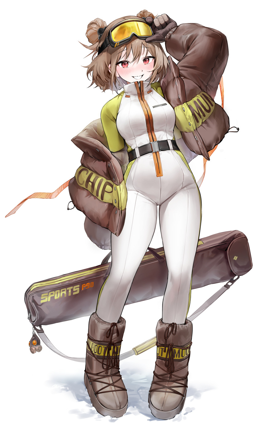 1girl absurdres adjusting_eyewear ankle_boots arm_up bag bodysuit boots breasts brown_bag brown_footwear brown_hair brown_jacket commentary commission english_commentary full_body girls&#039;_frontline goggles goggles_on_head green_bodysuit highres holding holding_bag jacket long_sleeves looking_at_viewer medium_breasts multicolored_bodysuit multicolored_clothes murabana44 open_clothes open_jacket p90_(girls&#039;_frontline) pixiv_commission puffy_long_sleeves puffy_sleeves red_eyes revision simple_background smile snow solo standing tinted_eyewear white_background white_bodysuit winter_clothes yellow-tinted_eyewear