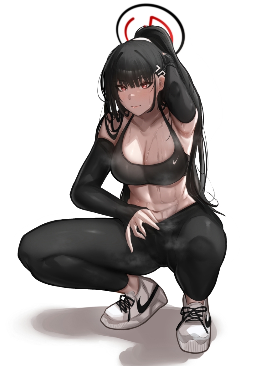 1girl arm_behind_head black_hair blue_archive blush breasts cleavage detached_sleeves hair_ornament hairclip halo highres long_hair looking_at_viewer navel ponytail red_eyes rio_(blue_archive) shoes sneakers solo sports_bra spread_legs squatting sweat tearoman very_long_hair