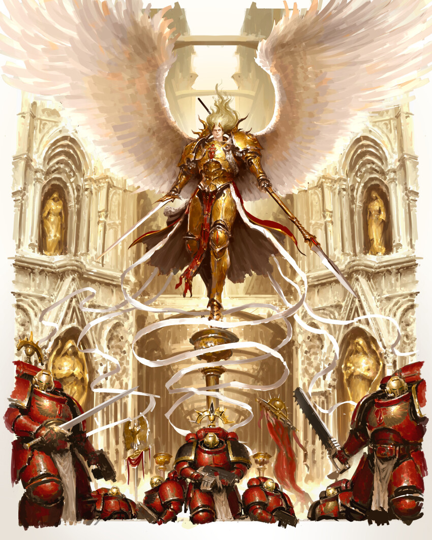 6+boys absurdres adeptus_astartes angel_wings armor blade_encarmine blonde_hair blood_angels bolter breastplate chainsword feathered_wings flying gauntlets gem gold_armor gold_trim heavy_bolter highres holding holding_polearm holding_sword holding_weapon iron_halo khanhphinguyen laurel_crown long_hair multiple_boys ornate_armor pauldrons polearm power_armor primarch red_armor red_gemstone regalia_resplendent sanguinius shoulder_armor spear spear_of_telesto sword warhammer_40k weapon white_wings wings