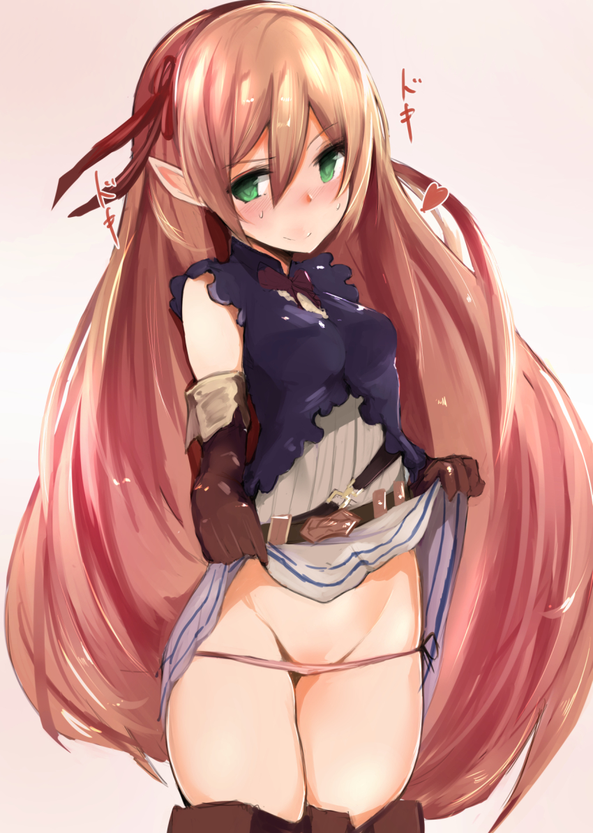 1girl arisa_(shadowverse) belt blonde_hair blush boots clothes_lift elbow_gloves female_focus gloves green_eyes hair_ribbon heart highres long_hair lowleg lowleg_panties muoto panties panty_pull pointy_ears ribbon shadowverse side-tie_panties skirt skirt_lift smile solo standing thigh_boots thighhighs underwear very_long_hair